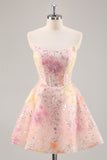 Sparkly Strapless Corset Sequins Pink Graduation Dress with Appliques
