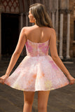 Sparkly Strapless Corset Sequins Pink Graduation Dress with Appliques