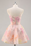 Floral Corset Sequin Strapless Pink Graduation Dress