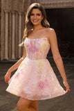 Sparkly Strapless Corset Sequins Pink Graduation Dress with Appliques