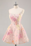 Floral Corset Sequin Strapless Pink Graduation Dress