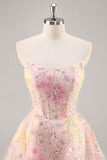 Floral Corset Sequin Strapless Pink Graduation Dress