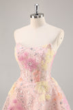 Floral Corset Sequin Strapless Pink Graduation Dress