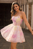 Sparkly Strapless Corset Sequins Pink Graduation Dress with Appliques