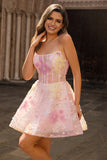 Sparkly Strapless Corset Sequins Pink Graduation Dress with Appliques