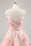 Floral Corset Sequin Strapless Pink Graduation Dress