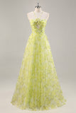 Yellow Green Floral A Line Cut Out Long Prom Dress