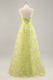 Yellow Green Floral A Line Cut Out Long Prom Dress