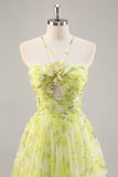 Yellow Green Floral A Line Cut Out Long Prom Dress