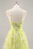 Yellow Green Floral A Line Cut Out Long Prom Dress
