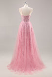 Sparkly Pink Corset A Line Long Prom Dress