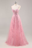 Sparkly Pink Corset A Line Long Prom Dress