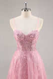Sparkly Pink Corset A Line Long Prom Dress