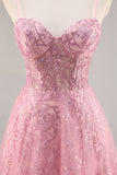 Sparkly Pink Corset A Line Long Prom Dress
