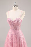 Sparkly Pink Corset A Line Long Prom Dress