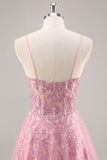 Sparkly Pink Corset A Line Long Prom Dress