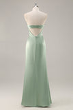 Sage Green Satin Strapless Long Bridesmaid Dress with Slit