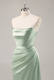 Sage Green Satin Strapless Long Bridesmaid Dress with Slit