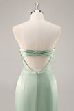 Sage Green Satin Strapless Long Bridesmaid Dress with Slit