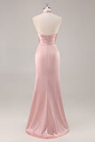 Blush High Neck Satin Ruched Long Bridesmaid Dress with Slit
