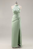 Blush High Neck Satin Ruched Long Bridesmaid Dress with Slit