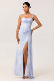 Blue Floral Spaghetti Straps Corset Fitted Long Bridesmaid Dress with Slit