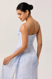 Blue Floral Spaghetti Straps Corset Fitted Long Bridesmaid Dress with Slit