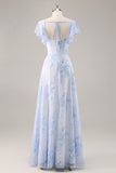 Blue Chiffon Floral Scoop Neck Long Bridesmaid Dress with Ruffles