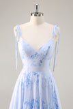 Blue Chiffon Floral A Line Long Bridesmaid Dress with Ruffles