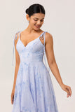 Blue Floral A Line Chiffon Long Bridesmaid Dress with Ruffles