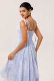 Blue Floral A Line Chiffon Long Bridesmaid Dress with Ruffles