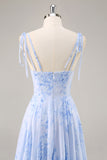 Blue Chiffon Floral A Line Long Bridesmaid Dress with Ruffles