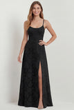 Dusty Blue Lace Spaghetti Straps A Line Long Bridesmaid Dress with Slit
