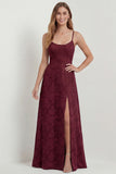 Dusty Blue Lace Spaghetti Straps A Line Long Bridesmaid Dress with Slit