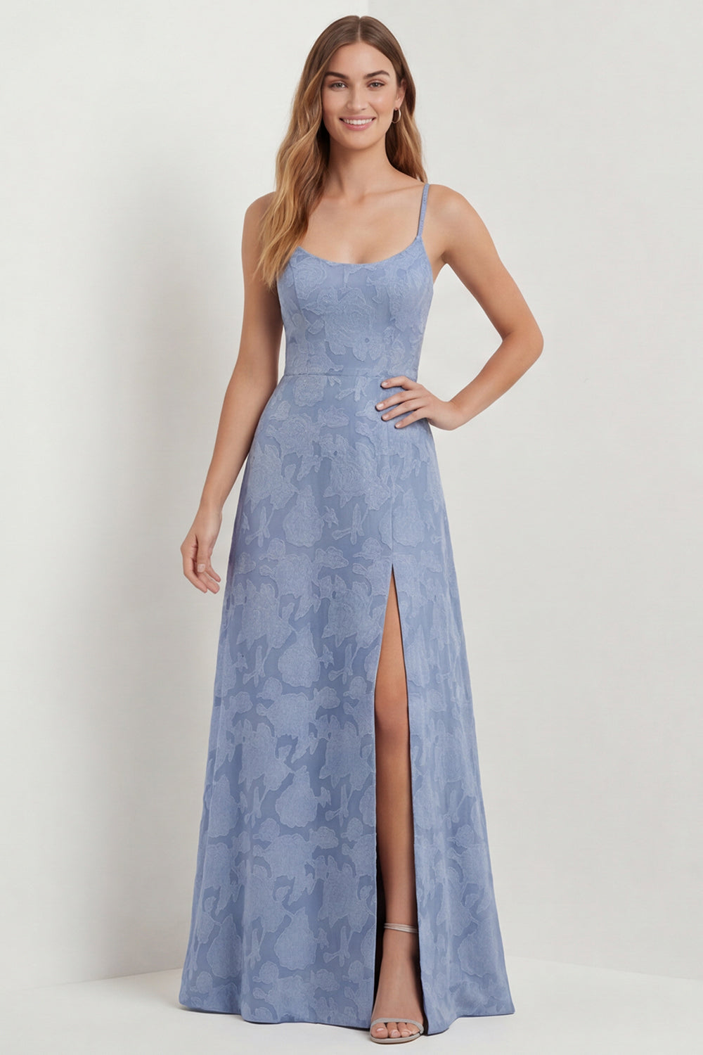 Zapaka Women Dusty Blue Lace Bridesmaid Dress Spaghetti Straps A Line  Backless Long Wedding Guest Dress with Slit – ZAPAKA UK