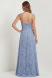 Dusty Blue Lace Spaghetti Straps A Line Long Bridesmaid Dress with Slit