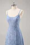 Dusty Blue Lace Spaghetti Straps A Line Long Bridesmaid Dress with Slit
