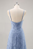 Dusty Blue Lace Spaghetti Straps A Line Long Bridesmaid Dress with Slit