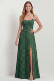 Dusty Blue Lace Spaghetti Straps A Line Long Bridesmaid Dress with Slit