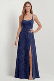 Dusty Blue Lace Spaghetti Straps A Line Long Bridesmaid Dress with Slit
