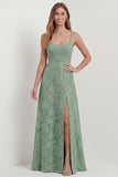 Dusty Blue Lace Spaghetti Straps A Line Long Bridesmaid Dress with Slit