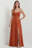 Dusty Blue Lace Spaghetti Straps A Line Long Bridesmaid Dress with Slit