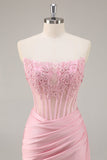 Pink Strapless Corset Beaded Short Tight Graduation Dress