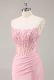Pink Strapless Corset Beaded Short Tight Graduation Dress