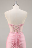 Pink Strapless Corset Beaded Short Tight Graduation Dress
