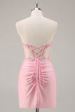Pink Strapless Corset Beaded Short Tight Graduation Dress