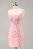 Pink Strapless Corset Beaded Short Tight Graduation Dress