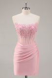 Pink Strapless Corset Beaded Short Tight Graduation Dress