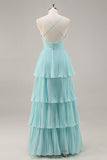 Green Chiffon A-Line V-Neck Tiered Long Pleated Prom Dress