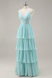 Green Chiffon A-Line V-Neck Tiered Long Pleated Prom Dress
